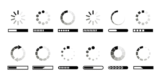 set of loading icons vector. load bar. download symbol. status or indicator loading.