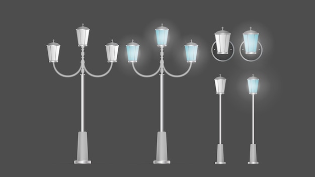 Vector a set of metallic lanterns that shine. lamp post with realistic light. vector.