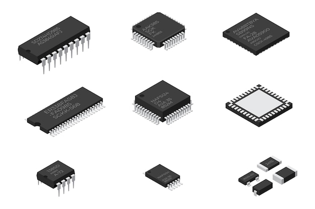 Vector set of microchip computer electronic components microchip icon computer processor technology micro processor collection of microchips