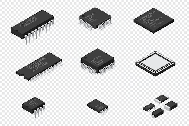 Vector set of microchip computer electronic components microchip icon computer processor technology micro processor collection of microchips