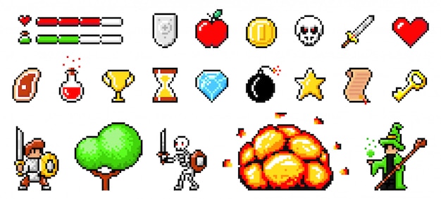 Vector set of minimalistic pixel art vector objects isolated. pixel game. 8 bit ui gaming bar notation