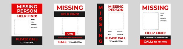Vector set of missing person posters in red style with warning information