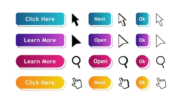 Vector set of modern material style buttons with click pointer for website mobile app and infographic different gradient colors modern vector illustration flat style