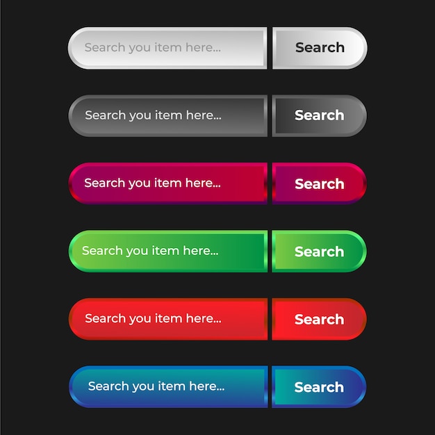 Vector set of modern and professional website and ux ui search bar input and submit button with shiny gradient effect 3d