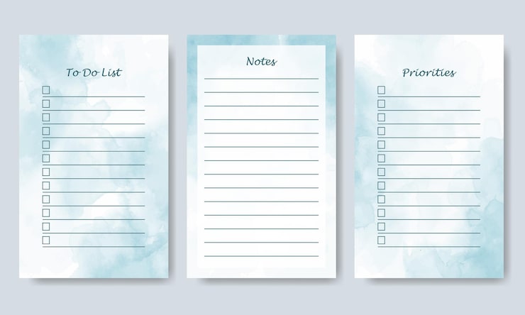Vector set of notes to do list template watercolor abstract background