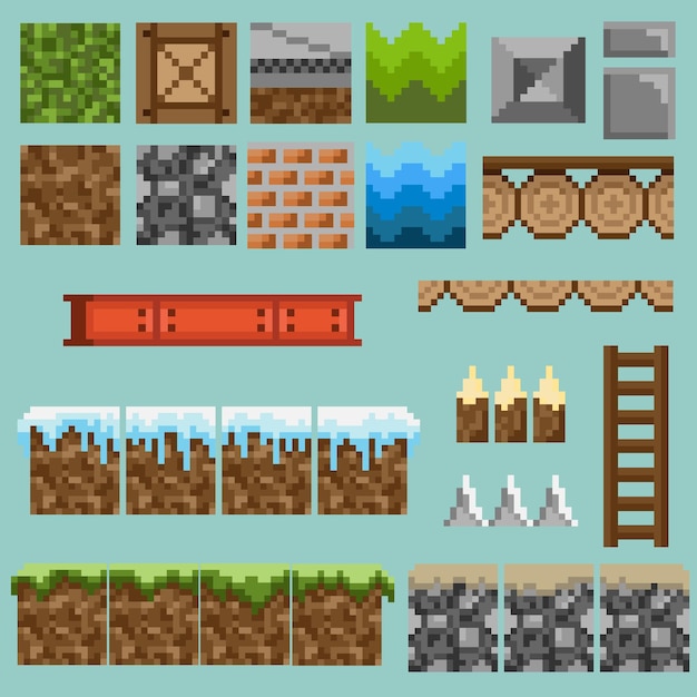 Vector a set of pixel seamless elements for creating a landscape in games and mobile applications.