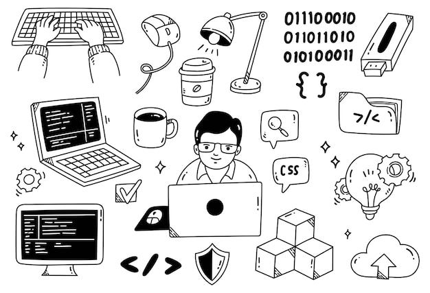 Vector set of programmer related object doodle, web programming cartoon