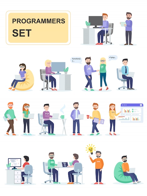 Vector set of programmers developing custom programs.