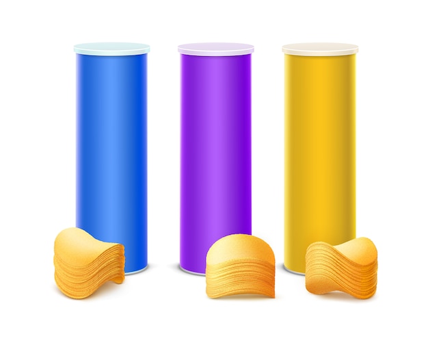 Vector set of purple blue yellow tin box with chips