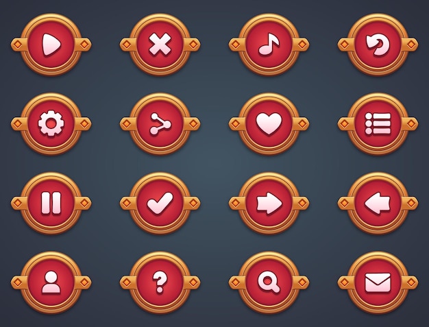 Vector set of red buttons for mobile games game red interface cartoon ui buttons set ui elements