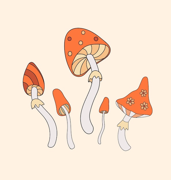 Vector set of retro hippie mushrooms flat vector illustration vintage autumn groovy vibe psychedelic elemenst in 70s and 80s style