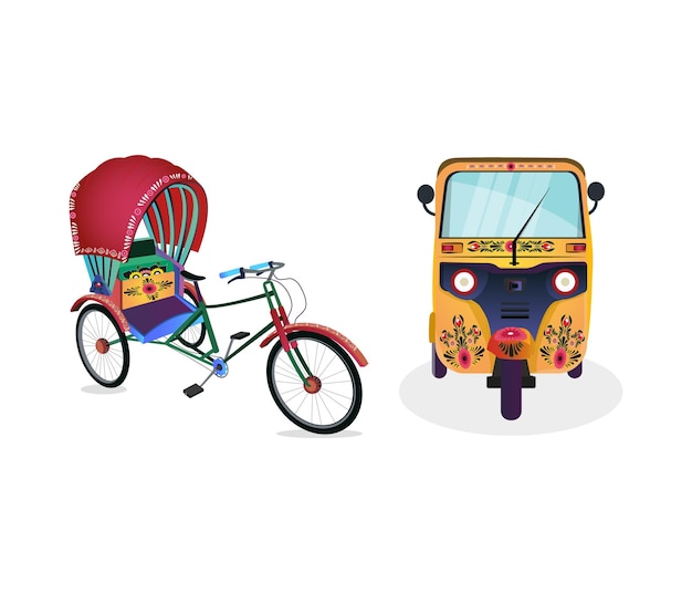 Vector set of rickshaw and tuktuk on white background front side