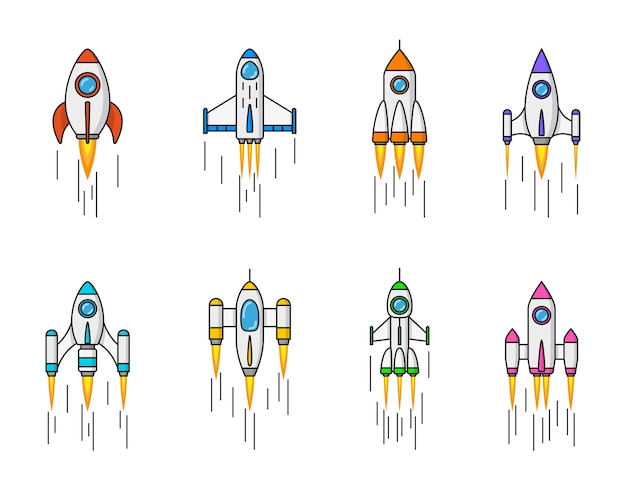 Vector set of rocket icons  on white background,  