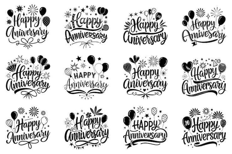 Vector set of script font text happy anniversary with balloon love and firework icons