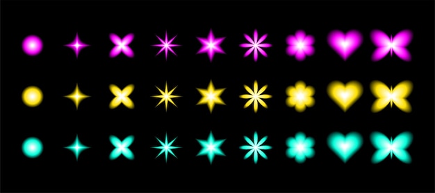 Vector set of shiny vector objects smooth blurred gradient flowers stars and hearts set y2k blurry aura