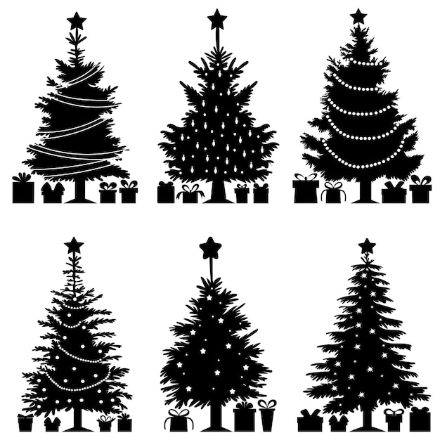 Vector set silhouette christmas trees with gifts design isolated vector
