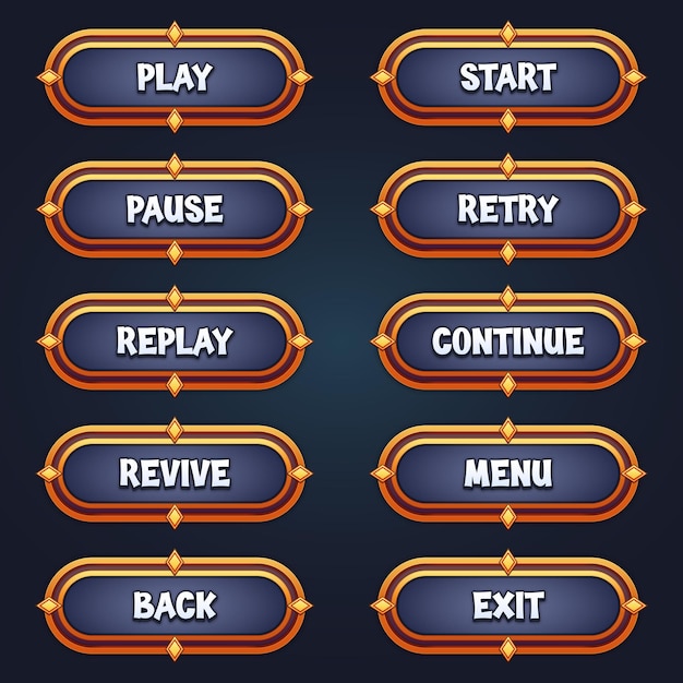 Vector set of silver game buttons for mobile games with editable text effect gui to build 2d games