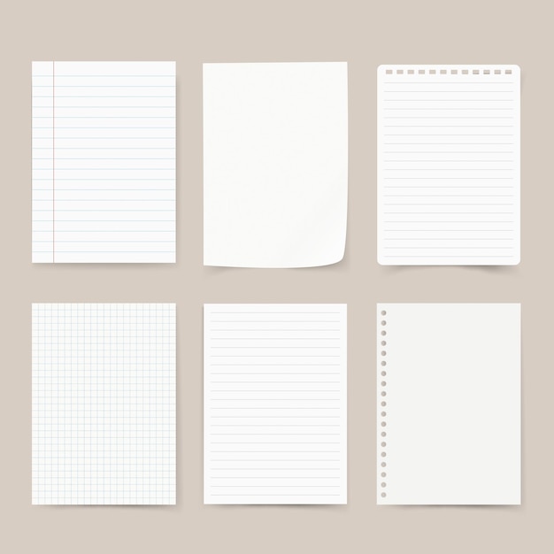 Vector set of six blank paper sheets includes lined grid and plain paper perfect for notes sketches or lists blank paper for various uses simple and versatile stationery element vector set