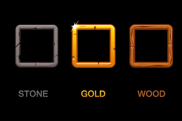 Vector set of square app icons, texture frames isolated on black background, elements for ui game or web design