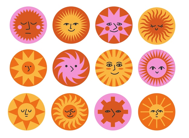 Vector set of sticker with character geometric sun circle shape with emoticon face vector illustration