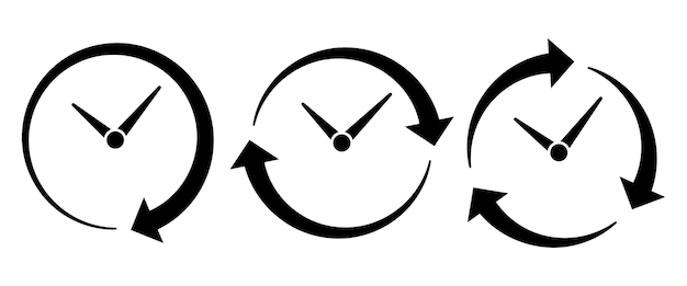 Vector set of three black clock icons with circular arrows symbolizing time management workflow rotation deadline and productivity minimalist design for business scheduling and efficiency concepts