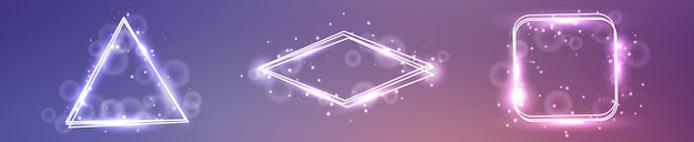 Vector set of three neon frames with shining effects and sparkles