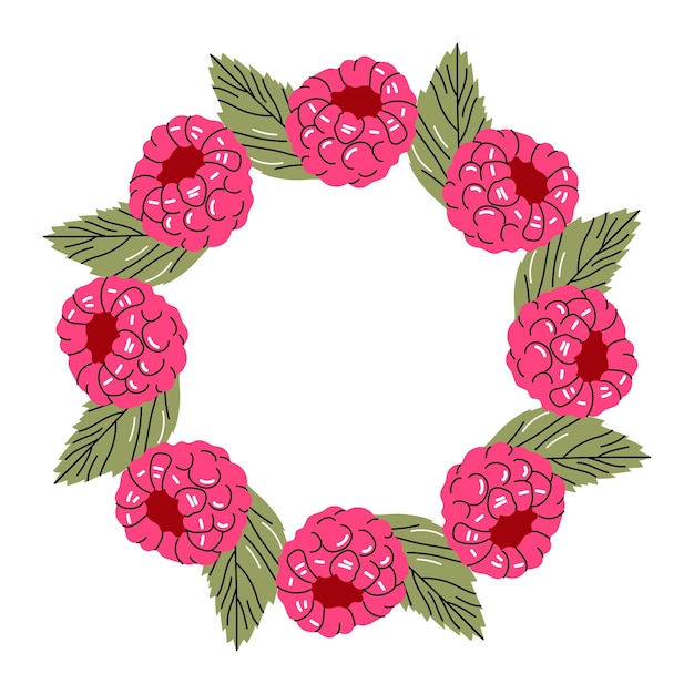 Vector set of three round wreaths made of raspberries and leaves hand drawn summer elements for packaging