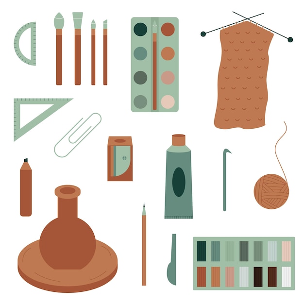 Vector set of tools for hobbies and crafts modeling from clay and plasticine drawing and knitting vector