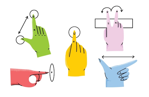 Vector set of touch screen gestures icon illustrations hand click finger multi touch cursor pointer and more app interface presentation design elements isolated on the background