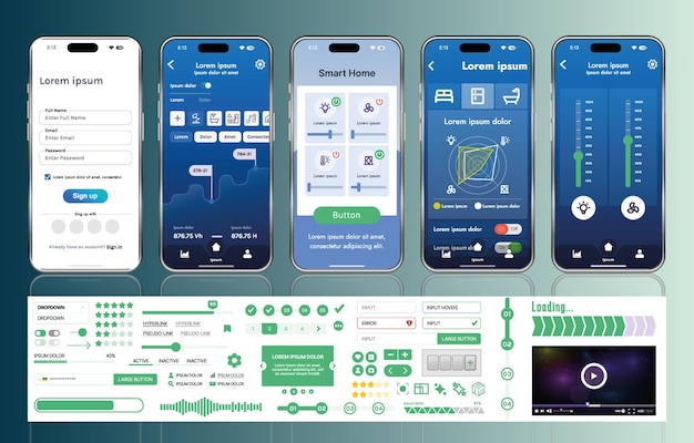 Vector a set of ui ux elements for smart home management mobile apps an interface with buttons panels graphs and navigation for monitoring and controlling automation systems