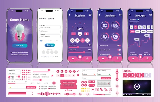 Vector a set of ui ux elements for smart home management mobile apps an interface with buttons panels graphs and navigation for monitoring and controlling automation systems