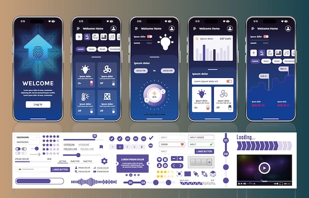 Vector a set of ui ux elements for smart home management mobile apps an interface with buttons panels graphs and navigation for monitoring and controlling automation systems