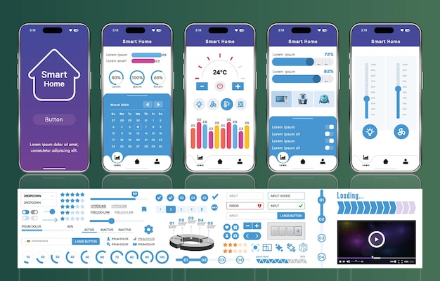 Vector a set of ui ux elements for smart home management mobile apps an interface with buttons panels graphs and navigation for monitoring and controlling automation systems