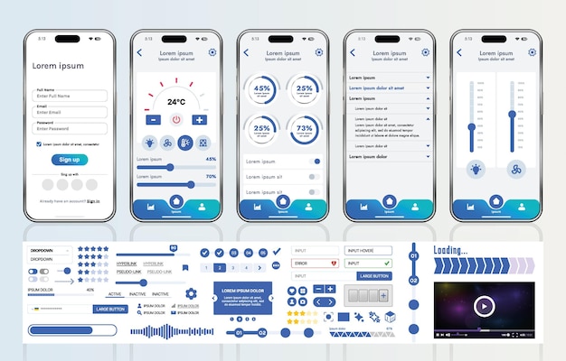 Vector a set of ui ux elements for smart home management mobile apps an interface with buttons panels graphs and navigation for monitoring and controlling automation systems