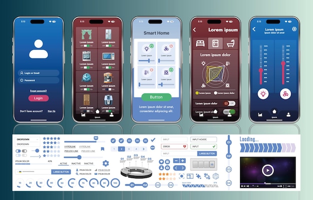 Vector a set of ui ux elements for smart home management mobile apps an interface with buttons panels graphs and navigation for monitoring and controlling automation systems