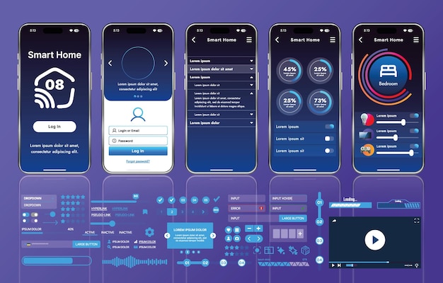 Vector a set of ui ux elements for smart home management mobile apps an interface with buttons panels graphs and navigation for monitoring and controlling automation systems