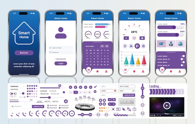 Vector a set of ui ux elements for smart home management mobile apps an interface with buttons panels graphs and navigation for monitoring and controlling automation systems