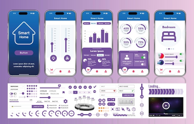 Vector a set of ui ux elements for smart home management mobile apps an interface with buttons panels graphs and navigation for monitoring and controlling automation systems
