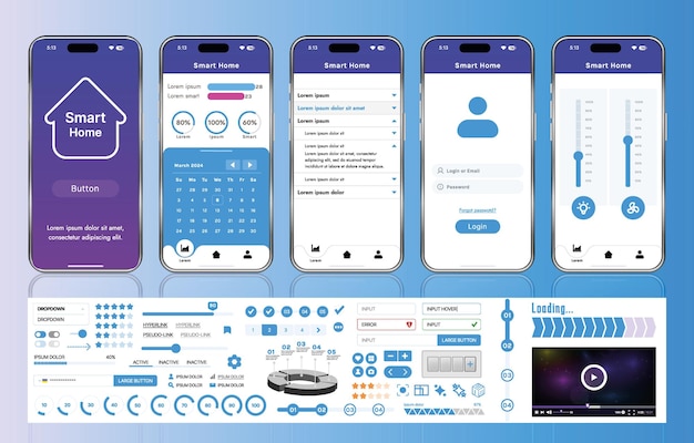 Vector a set of ui ux elements for smart home management mobile apps an interface with buttons panels graphs and navigation for monitoring and controlling automation systems