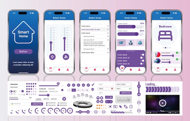 Vector a set of ui ux elements for smart home management mobile apps an interface with buttons panels graphs and navigation for monitoring and controlling automation systems