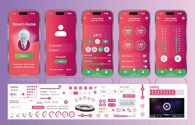 Vector a set of ui ux elements for smart home management mobile apps an interface with buttons panels graphs and navigation for monitoring and controlling automation systems