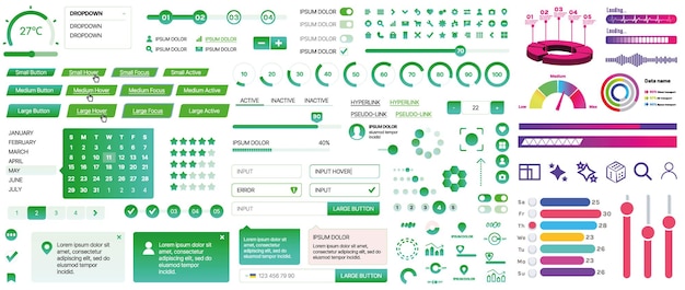 Vector set of uiux elements for websites and mobile applications buttons forms menus panels