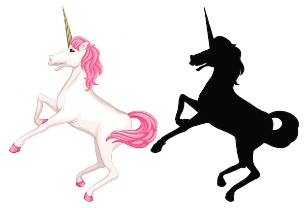 Vector set of unicorn cartoon and its silhouette