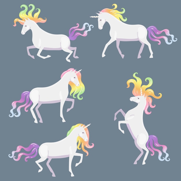 Vector set of unicorns with multi-colored mane and tail.
