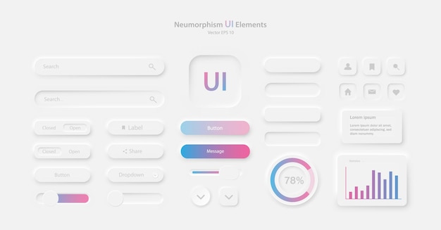 Vector a set of user interface elements for a mobile application a collection of icons for user interface development in white