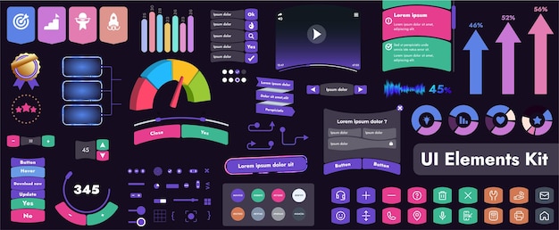 Vector a set of user interface elements ui kit intended for use in mobile applications and websites it contains a large collection of icons buttons and has cartoonish rounded shapes