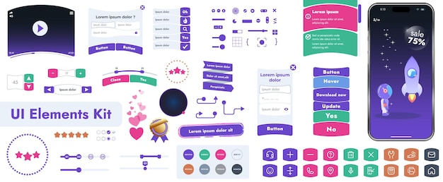 Vector a set of user interface elements ui kit intended for use in mobile applications and websites it contains a large collection of icons buttons and has cartoonish rounded shapes