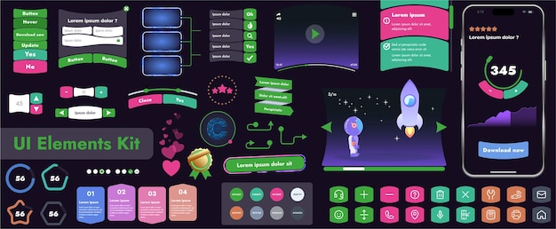 Vector a set of user interface elements ui kit intended for use in mobile applications and websites it contains a large collection of icons buttons and has cartoonish rounded shapes