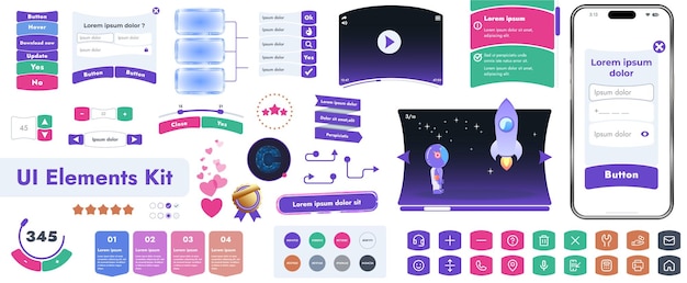 Vector a set of user interface elements ui kit intended for use in mobile applications and websites it contains a large collection of icons buttons and has cartoonish rounded shapes