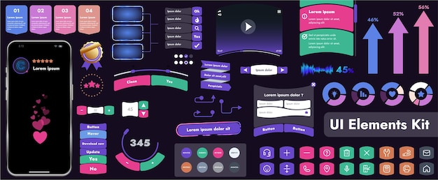 Vector a set of user interface elements ui kit intended for use in mobile applications and websites it contains a large collection of icons buttons and has cartoonish rounded shapes
